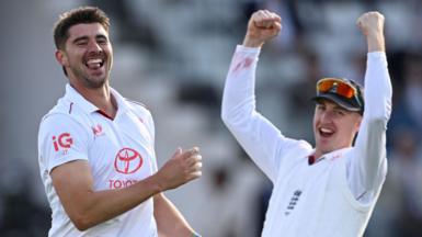 England's Josh Tongue (left) and Harry Brook (right) celebrate a wicket