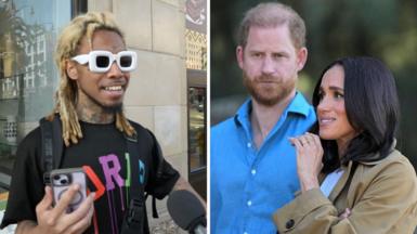 A splitscreen of a man in white glasses on the left and Harry and Meghan on the right.