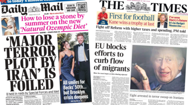 The headline in the Daily Mail reads: 'Major terror plot by Iran' is foiled and the headline in the Times reads: EU blocks efforts to curb flow of migrants
