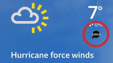 Image from tv Weather App showing false wind speeds ringed