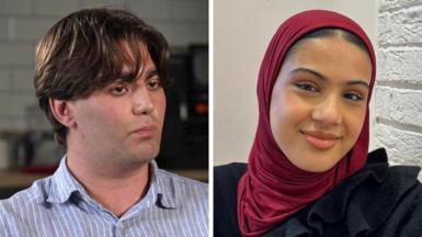 A composite image of Luke with short dark hair and an open neck grey striped shirt and Zaynah wearing a burgundy headscarf and black top