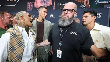 Conor Benn confronts Ryan Garcia at the ceremonial weigh-in for UFC 329 on 10 July 2026