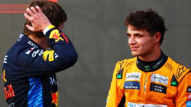 McLaren's Lando Norris talking to Max Verstappen after qualifying for the United States Grand Prix