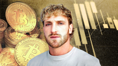 Image of Logan Paul, unshaven and wearing a white sweatshirt, superimposed onto images of cryptocurrency - on the left side of the frame, a collection of generic gold bitcoins with a B symbol; on the right, a computer screen showing a graph, presumably describing fluctuating value