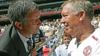 Jose Mourinho and Sir Alex Ferguson greet each other at Wembley in 2007