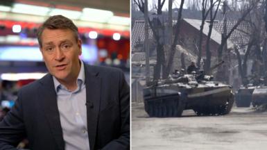 Split screen with the BBC's Joe Inwood on the left and a tank in the Donbas region of Ukraine on the right