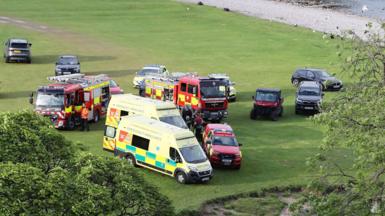 Ambulances, fire engines and other vehicles parked on a trimmed field close to a river meandering nearby