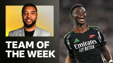 Troy Deeney's team of the week graphic alongside a picture of Bukayo Saka