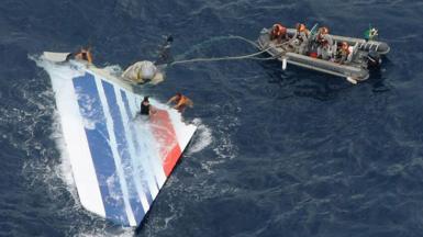 Plane wreckage floating in the sea