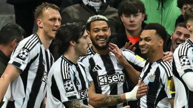 Joelinton celebrates after scoring for Newcastle United against Qarabag at St James' Park on 24 February, 2026