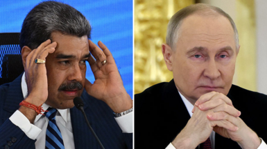 Composite picture shows  Nicolás Maduro on the left, with his hands at his temples wearing a suit and blue-striped tie. On the right is Vladimir Putin, in a black suit and tie, with his hands clasped at his chin.