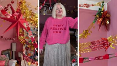 Three photos: Two showing foil decorations on the walls and ceiling of a living room with bright pink walls, one showing a picture of woman, smiling, with blonde hair, a pink jumper that says "in my festive era" and a silver sequin skirt