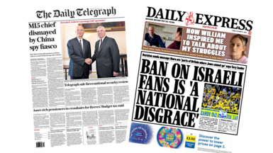 The headline of the Telegraph reads: "MI5 chief dismayed by China spy fiasco". The headline of the Express reads: "Ban on Israeli fans is 'a national disgrace'".