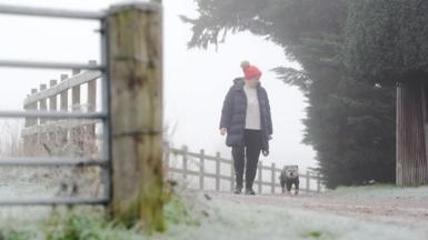 a woman and her small dog walks along a frosty countryside lane. It is misty.