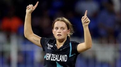 New Zealand bowler Eden Carson celebrates a wicket 