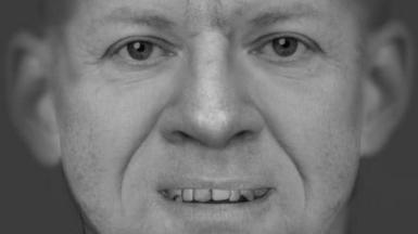 A black and white digital facial reconstruction of the unidentified man. He appears to be aged between 40 and 60, with a round face, prominent ears and slightly misshapen teeth.