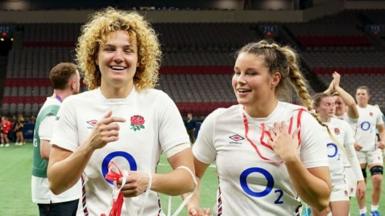 England's Ellie Kildunne and Jess Breach celebrate winning WXV1