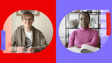 Sam Scoble (left) and Halima Surakat (right), are studying and looking at the camera. They are in a designed image that is red on one side and purple on the other. 