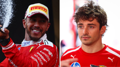 A split image of Lewis Hamilton spraying champagne and Charles Leclerc looking disappointed 