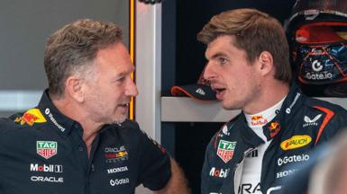 Christian Horner and Max Verstappen in the Red Bull garage before the F1 Grand Prix of Austria at Red Bull Ring on June 28, 2025 in Spielberg, Austria. 