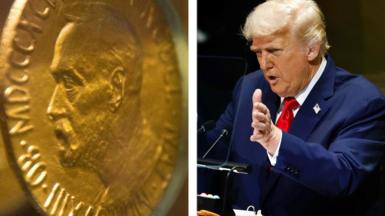 In a split screen image, The Nobel Peace prize medal is seen on the left. President Trump is on the right wearing a blue suit, white shirt and red tie while giving a speech.