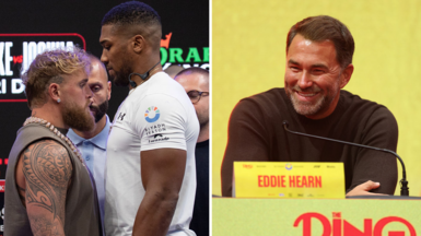 Split image of Jake Paul facing off with the much taller Anthony Joshua and Eddie Hearn smiling at a news conference