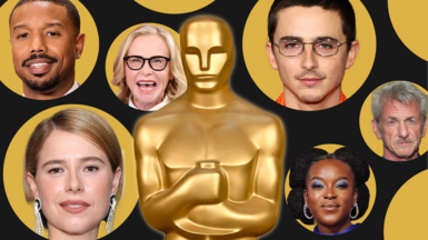 The image shows a central gold Oscar statuette standing upright, treated as the focal point of the composition. Around it, arranged in a clean circular formation, are portrait photographs of various actors and actresses, each enclosed within a gold ring that mirrors the sheen of the statue. The background is a muted olive green, which softens the overall palette and allows the gold elements and the faces to stand out without competing for attention