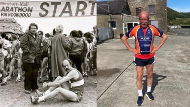 Llun du a gwyn o John cyn ras marathon a llun o John heddiw