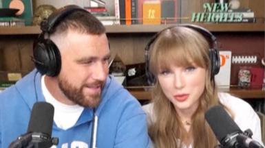 Taylor Swift (right) appears alongside boyfriend, Kansas City player Travis Kelce on his podcast with brother, Jason, New Heights