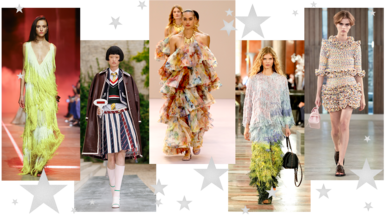 Five pictures of models walking down the catwalk. The first is in a fringed green dress with low v-neck; the second wears a striped pleated midi skirt, shirt and tie, tank top and blazer with brown leather coat draped over her shoulders; the third wears an off-shoulder, ruffled multicolour dress; the fourth wears a head-to-toe tasseled outfit with ombre blue and green effect; the fifth wears a ruffled mulitcolour mini skirt with ruffled three-quarter length sleeve top   