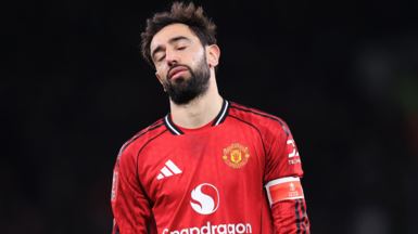 Manchester United captain Bruno Fernandes reacts during the team's FA Cup defeat to Brighton