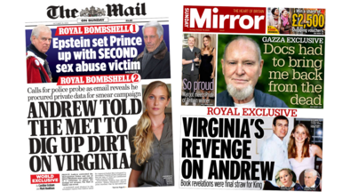 A composite image of the front pages of The Daily Mail and The Daily Mirror. The headline on the former reads "Andrew told the Met to dig up dirt on Virginia" and the headline on the latter reads "Virginia's revenge on Andrew".
