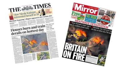 The front pages of the Times and Daily Mirror newspapers, with both depicting homes on fire under