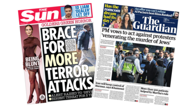 The headline on the front page of the Guardian reads: “PM vows to act against protesters 'venerating the murder of Jews'”. The headline on the front page of the Mirror reads: “An attack on all of us”.