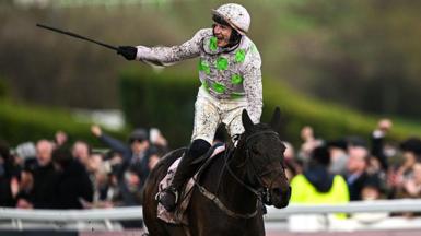 Jockey Paul Townend celebrates winning the Cheltenham Gold Cup on Gaelic Warrior