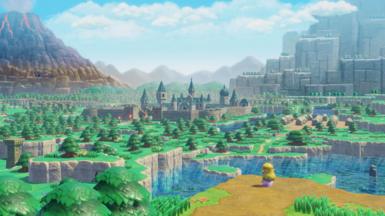 A lone princess stands on a hill overlooking a green, cartoon landscape with a castle in the middle of it. A volcano looms on one side and a mountain looms opposite.