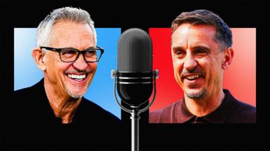 An image of Gary Lineker and Gary Neville talking into microphones