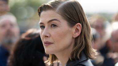 Actress Rosamund Pike looking stern