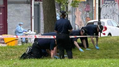 Police officers hunched on the ground with blue plastic gloves going through the grass for evidence. You can see police tape in the front and in the back is a forensic officer. 