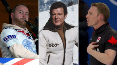 A fan playing bagpipes, Roger Moore as James Bond, and Marc Kennedy
