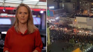 Blonde women in red split screen with crowds on the street.