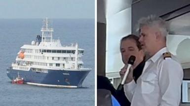 Split screen of captain speaking into a microphone and a cruise ship