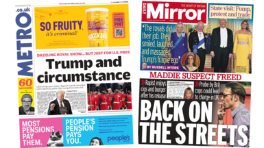 A composite image of the front pages of Metro and the Daily Mirror. "Trump and circumstance" reads the headline of the former and "Maddie suspect freed" reads the latter.