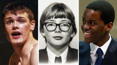 Three side-by-side portraits: the left shows a shirtless person against a dark background, the center is a black-and-white photo of a person wearing a suit and tie, and the right shows a person in a formal suit with a white shirt and dark tie.