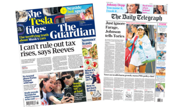 A composite image of the front pages of the Guardian and Daily Telegraph newspapers