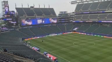 Rain falls on the Philadelphia Stadium before the World Cup game between France and Iraq