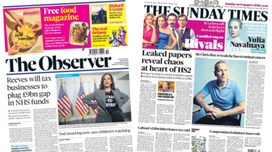 A composite image of the front page of the Observer and the Sunday Times, with stories on the upcoming budget and Sir Chris Hoy's cancer diagnosis