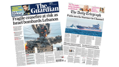 The headline on the front page of the Guardian reads: “Fragile ceasefire at risk as Israel bombards Lebanon”. The headline on the front page of the Daily Telegraph reads: “Putin mocks Starmer in Channel”.