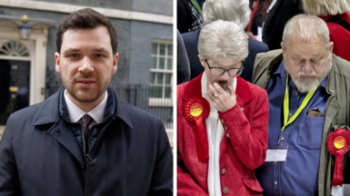 Henry Zeffman stands on one side of the image outside 10 Downing Street. On the other side Labour party supporters look-on as counting gets underway at Barnsley Metrodome on May 08, 2026 in Barnsley, England. 