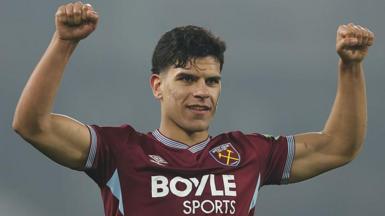 Mateus Fernandes with his arms aloft as he celebrates a West Ham win at Fulham in March 2026